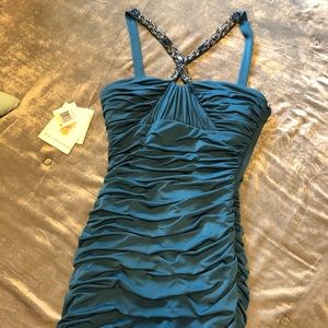 Blue ruched and embellished cocktail dress, size 4